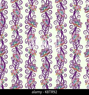 Seamless pattern with colorful flowers and swirls on beige background Stock Vector
