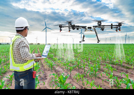 Technician farmer use wifi computer control agriculture drone fly to sprayed fertilizer on the corn fields Stock Photo