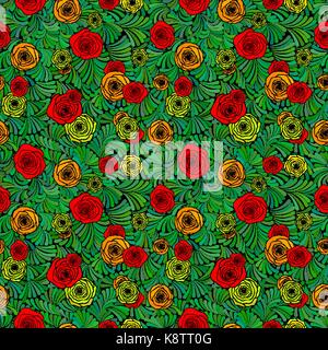 Seamless pattern with beautiful red and yellow roses on black background Stock Vector