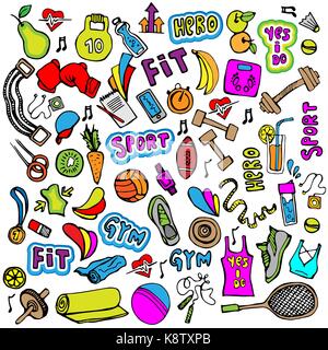 Sports hand draw icon and elements. Fitness and sport colored icon collection, cartoon doodle sport icons. Stock Vector