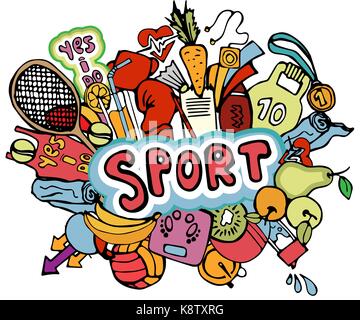 Sports hand draw icon and elements in one composition for banner. Fitness and sport colored banner collection, cartoon doodle sport icons. Stock Vector