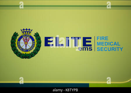 An Elite EMS (Elite Emergency Medical Services) van logo on display during the Emergency Services Show, a two day trade event held at the National Exhibition Centre in Birmingham. Stock Photo