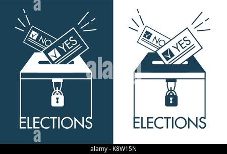Voting concept - hand putting paper in the ballot box. Icons, silhouette in the linear style isolated on black and white background Stock Vector