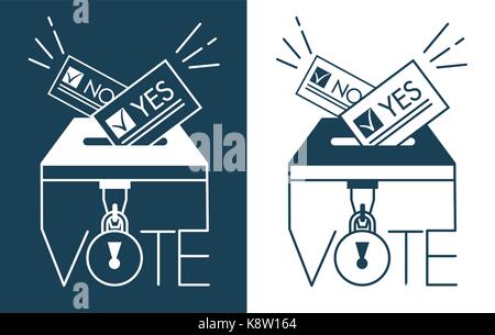 Voting concept - hand putting paper in the ballot box. Icons, silhouette in the linear style isolated on black and white background Stock Vector