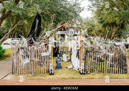 Scary Halloween figures and decorations in a small public park in Rosemary Beach, Florida, USA. Stock Photo