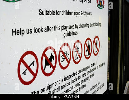 Spiceball Park play area sign, Banbury, Oxfordshire, England, UK Stock Photo