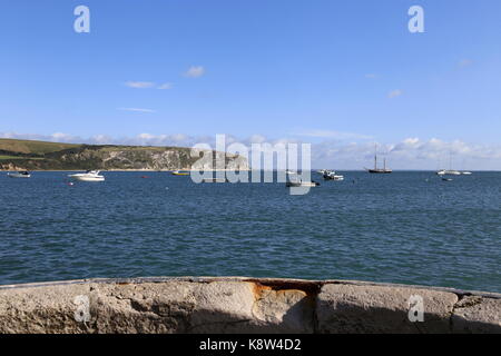 Across Swanage Bay to Ballard Down from Old Stone Quay, Swanage, Isle of Purbeck, Dorset, England, Great Britain, United Kingdom, UK, Europe Stock Photo