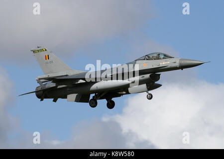 Belgian Air Component F-16AM landing at the Dutch Air Force base at Leeuwarden during exercise Frisian Flag. Stock Photo