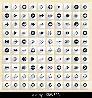 Flat arrow icon with long shadow. Sign on square shapes web button on background. Simple, minimal, solid, plain style. Vector illustration Stock Vector