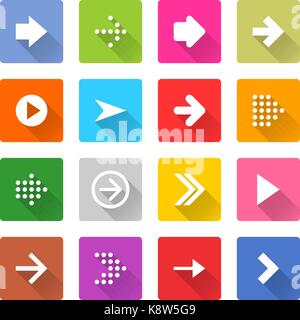 Flat arrow icon 16 set rounded square web button on white background. Simple minimalistic mono long shadow style. Vector illustration internet design  Stock Vector