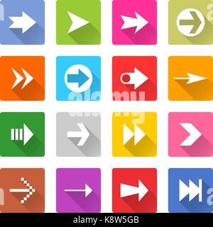Flat arrow icon 16 set rounded square web button on white background. Simple minimalistic mono long shadow style. Vector illustration internet design  Stock Vector