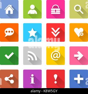 Flat basic icon 16 set rounded square web button on white background. Simple minimalistic mono long shadow style. Vector illustration internet design  Stock Vector
