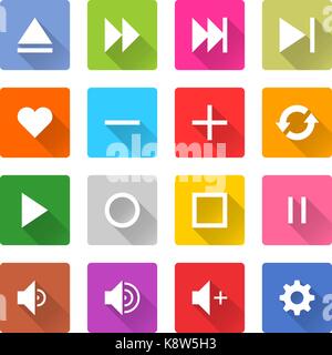Flat media icon 16 set rounded square web button on white background. Simple minimalistic mono long shadow style. Vector illustration internet design  Stock Vector