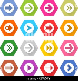Flat arrow icon 16 set rounded hexagon web button on white background. Simple minimalistic mono long shadow style. Vector illustration internet design Stock Vector