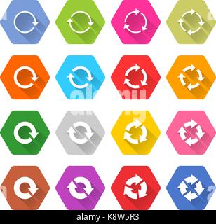 Flat arrow icon 16 set rounded hexagon web button on white background. Refresh, reload, synchronize, loop, reset, rotation, repeat sign Stock Vector