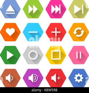 Flat media icon 16 set rounded hexagon web button on white background. Simple minimalistic mono long shadow style. Vector illustration internet design Stock Vector