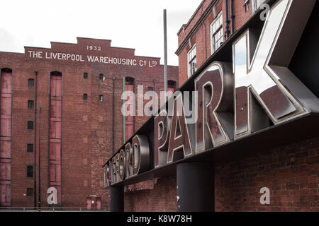 Trafford Park sign and the Liverpool Warehousing Company warehouse in Salford Stock Photo