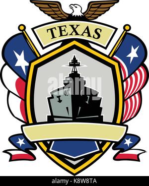 Icon style illustration of a Texas Navy Battleship with Texas Lone Star and Navy Flag on side and American Eagle up top set inside shield crest shape. Stock Vector