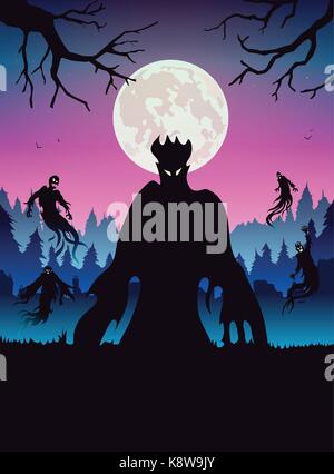 Silhouette of evil spirit flying on forest at full moon night. Stock Vector