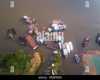 Rusty boats aerial drone view in river Stock Photo