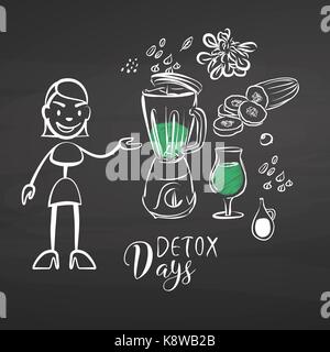 Hand-drawn detox vegetables on chalkboard. Hand drawn healthy food sketch. Black and White Vector Drawing on Blackboard. Stock Vector