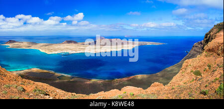 Impressive volcanic landscape,panoramic view from Mirador del Rio,Lanzarote island. Stock Photo