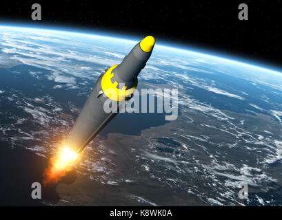 North Korean Ballistic Missile On Background Of Earth Stock Photo