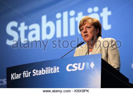 German chancellor Angela merkel speaks at a rally in Erlangen Bavaria during the election campaign Stock Photo