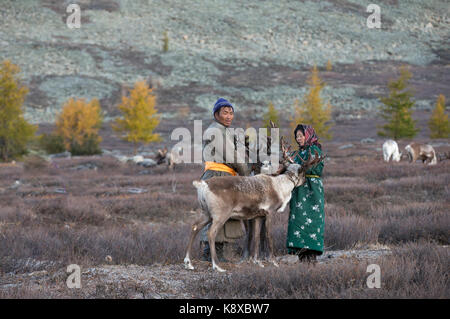 tsaatan couple with their reindeer in Northern Mongolian landscape Stock Photo