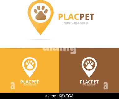 Vector paw and map pointer logo combination. Pet and gps locator symbol or icon. Unique vet and pin logotype design template. Stock Vector