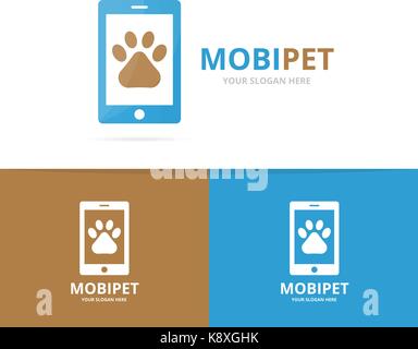 Vector paw and phone logo combination. Pet and mobile symbol or icon. Unique vet and device logotype design template. Stock Vector