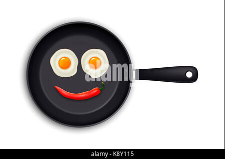 Two realistic fried eggs and red hot chili pepper laid out in the form of an emoticon in a black frying pan icon closeup isolated on white background. Stock Photo