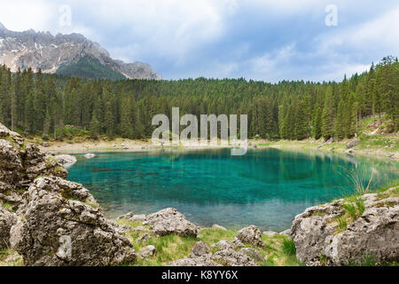 view of Lake Carezza in Italy Stock Photo