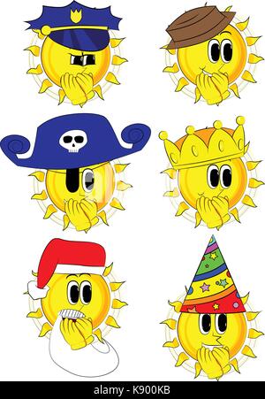 Cartoon sun with hands over mouth. Collection with costume. Expressions vector set. Stock Vector