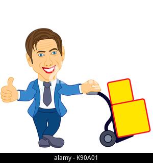 Smiling man in blue suit with tie holds a cart with a load, advert conception cartoon vector illustration Stock Vector