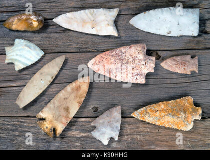 Real American Indian arrowheads found around Texas, made 6000-8000 years ago. Stock Photo