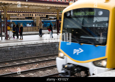 Train and sign Flinders Street Station Melbourne Victoria Australia Stock Photo