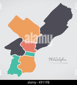 Philadelphia Map with boroughs and modern round shapes Stock Vector