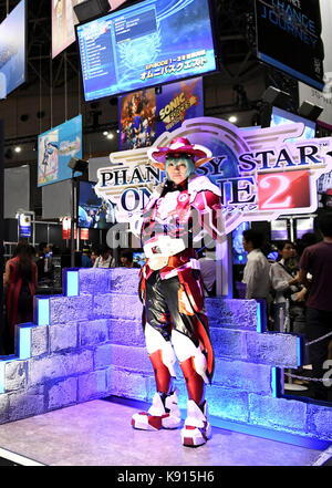 Tokyo, Japan. 21st Sep, 2017. A model poses for visitors during the Tokyo Game Show 2017 in Chiba, Japan, Sept. 21, 2017. Tokyo Game Show 2017 opened on Thursday with 609 companies and organizations from 36 countries and regions exhibiting at the game show. Credit: Ma Ping/Xinhua/Alamy Live News Stock Photo