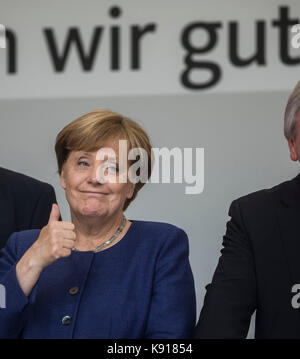Giessen, Germany. 21st September, 2017. German Chancellor Angela Merkel (CDU) on stage at a Hesse CDU election campaign event in Giessen, Germany, 21 September 2017. Credit: Frank Rumpenhorst/dpa/Alamy Live News Stock Photo
