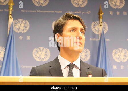 UN, New York, USA. 21st Sept, 2017. Justin Trudeau of Canada took pre-determined questions at UN. Photo: Matthew Russell Lee / Inner City Press Stock Photo