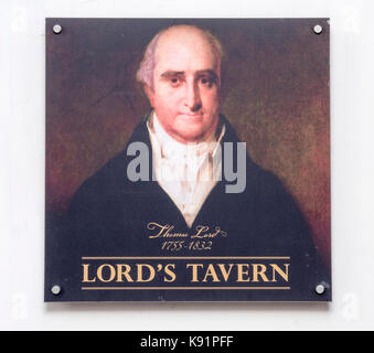 Portrait sign of Sir Thomas Lord at the Lord's Tavern Public House, St John's Wood, London, UK. Stock Photo