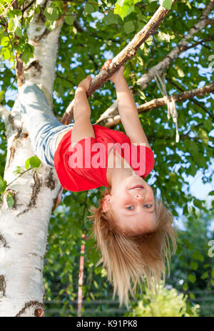 Low angle view of happy girl wearing red t-shirt hanging upside down from a birch tree looking at camera enjoying summertime Stock Photo