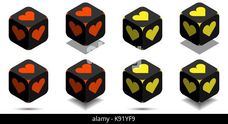 Cube with heart in orange and yellow colors, isometric black cube of love with rounded angles and heart sign on sides, vector icon of heart box Stock Vector