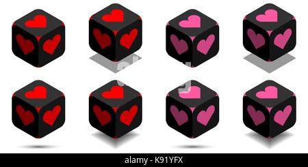Cube with heart in red and pink colors, isometric black cube of love with rounded angles and heart sign on sides, vector icon of heart box Stock Vector