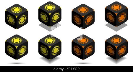 Cube with sun in orange and yellow colors, isometric black cube of sun energy with rounded angles and sun sign on sides, vector icon of sun box Stock Vector