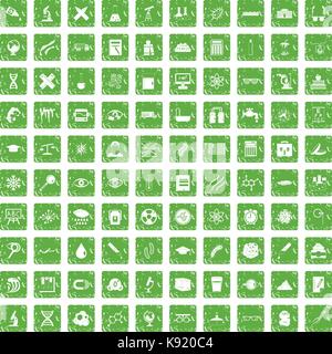 100 microscope icons set grunge green Stock Vector