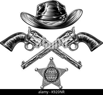 Pistols and Cowboy Hat with Sheriff Star Badge Stock Vector