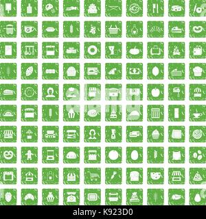 100 bakery icons set grunge green Stock Vector