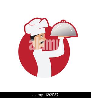 chef holds a dish within a red circle, illustration design, isolated on white background. Stock Vector